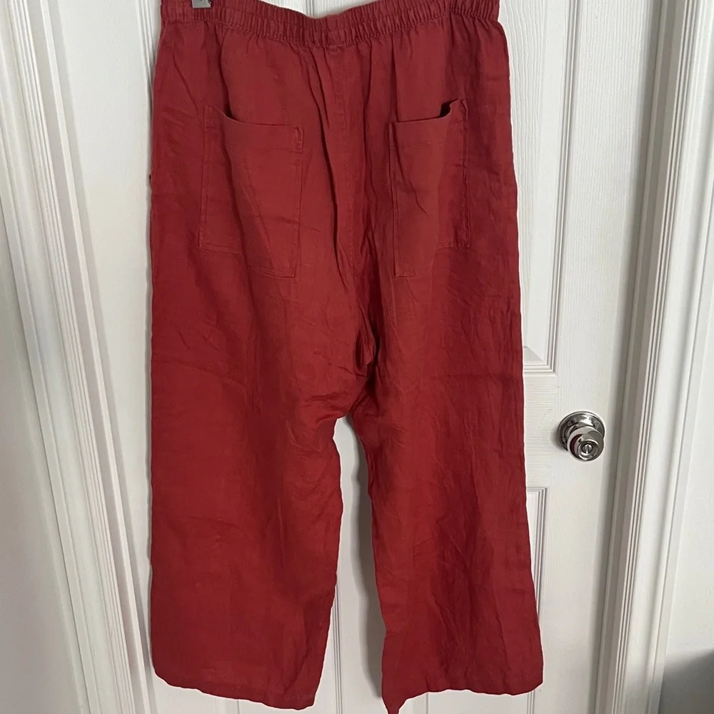 Tahari Rust Relaxed Elastic-Waist Linen Pants - Picture 3 of 3